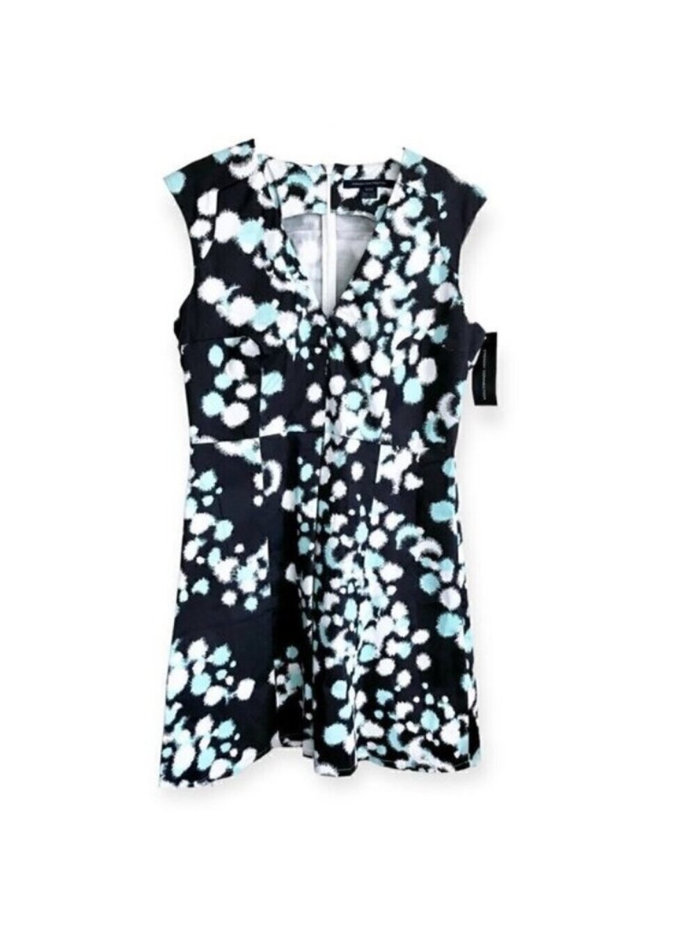 NWT French Connection fit & flare cotton mini dress. size 12, Gray, blue‎ print